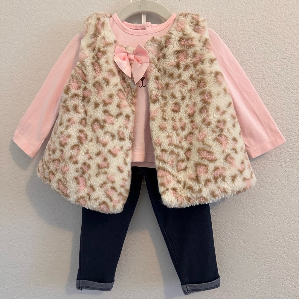 Little Me Pink Faux Fur Leopard Vest Set with Navy Pants, Size 12-18M